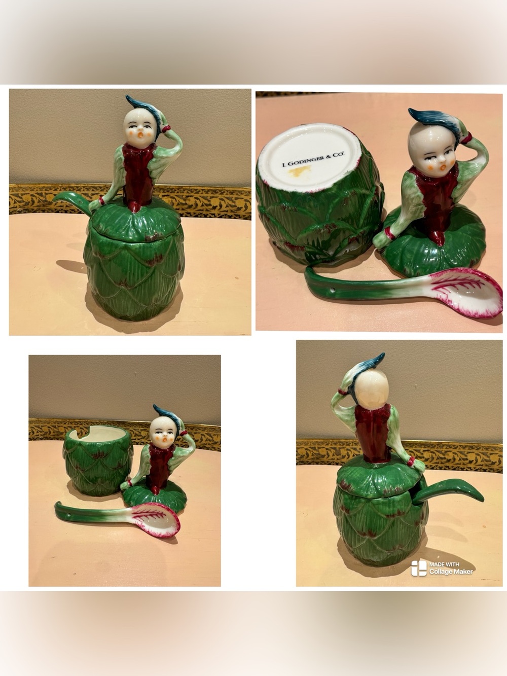 Vintage I. Godinger & Co. whimsical ceramic artichoke pixie lidded jam/condimen